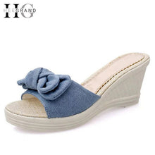 Load image into Gallery viewer, HEE GRAND Denim Wedges Sandals Summer Bowtie Creepers Platform Shoes Woman Slip On Casual Slippers Sweet Women Shoes XWT436
